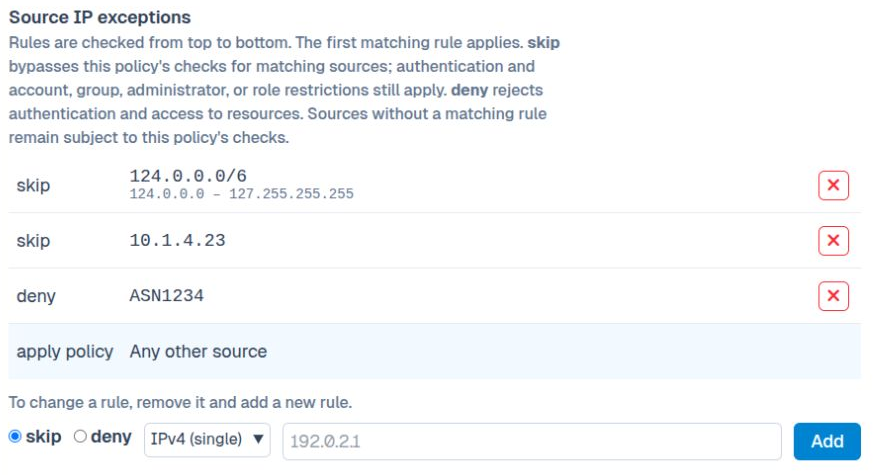 Source IP exceptions in the Web Manager, light theme