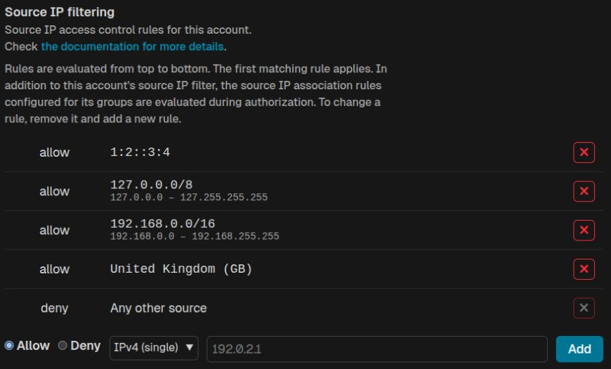 Account source IP filtering in the Web Manager, dark theme