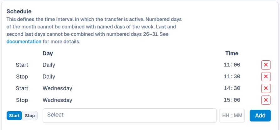 Transfer schedule editor in the Web Manager, light theme